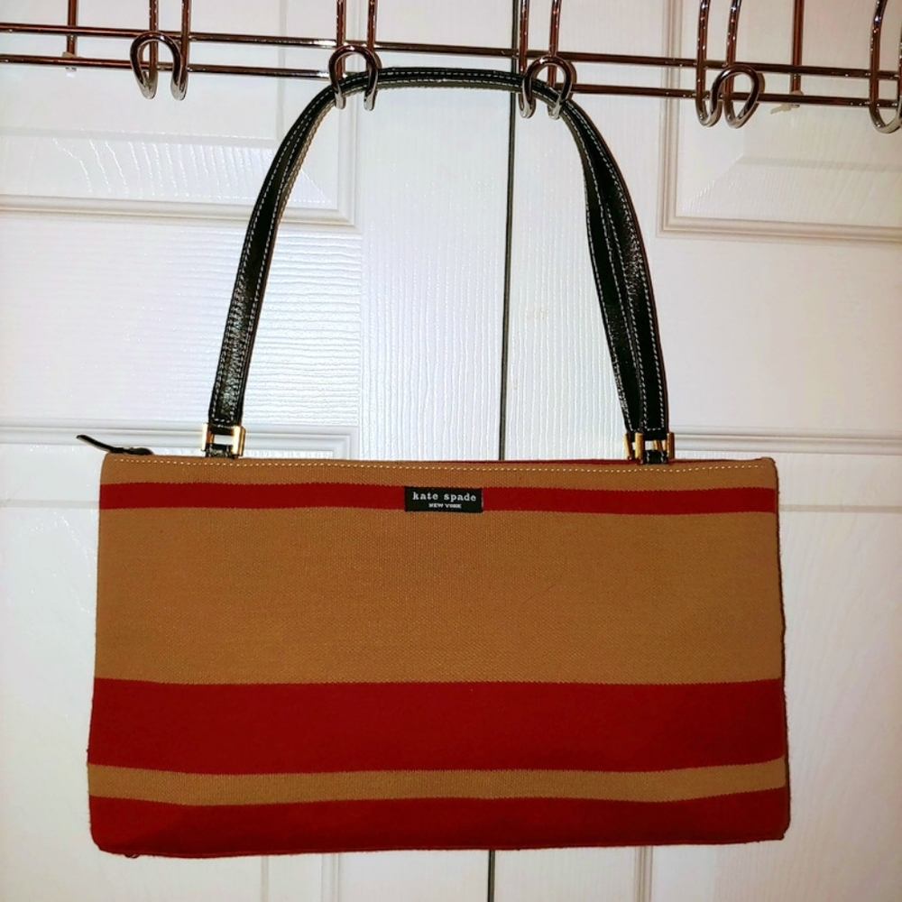 Kate Spade tan & red felt 12639 double handle bag EUC